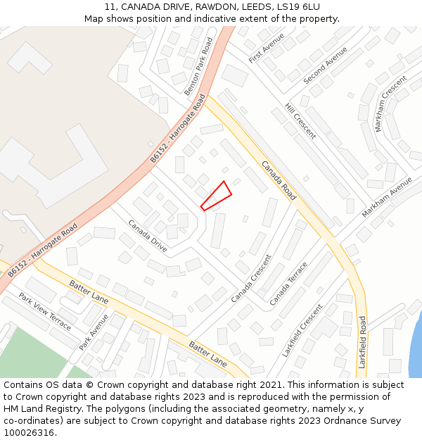 11, CANADA DRIVE, RAWDON, LEEDS, LS19 6LU: Location map and indicative extent of plot