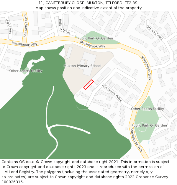 11, CANTERBURY CLOSE, MUXTON, TELFORD, TF2 8SL: Location map and indicative extent of plot