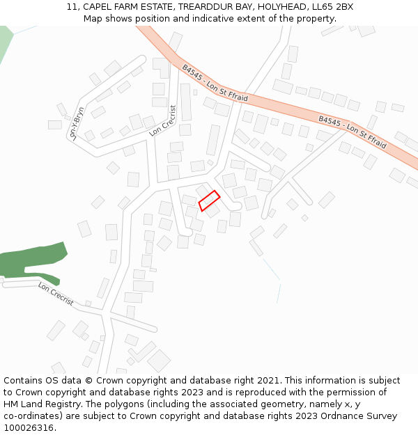 11, CAPEL FARM ESTATE, TREARDDUR BAY, HOLYHEAD, LL65 2BX: Location map and indicative extent of plot