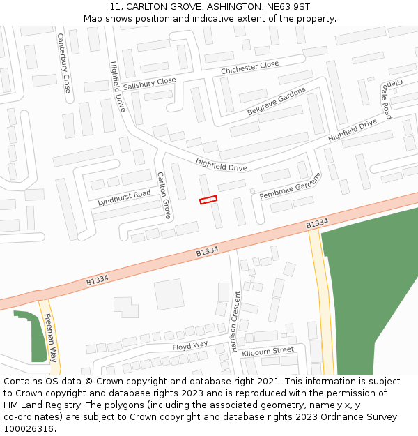 11, CARLTON GROVE, ASHINGTON, NE63 9ST: Location map and indicative extent of plot