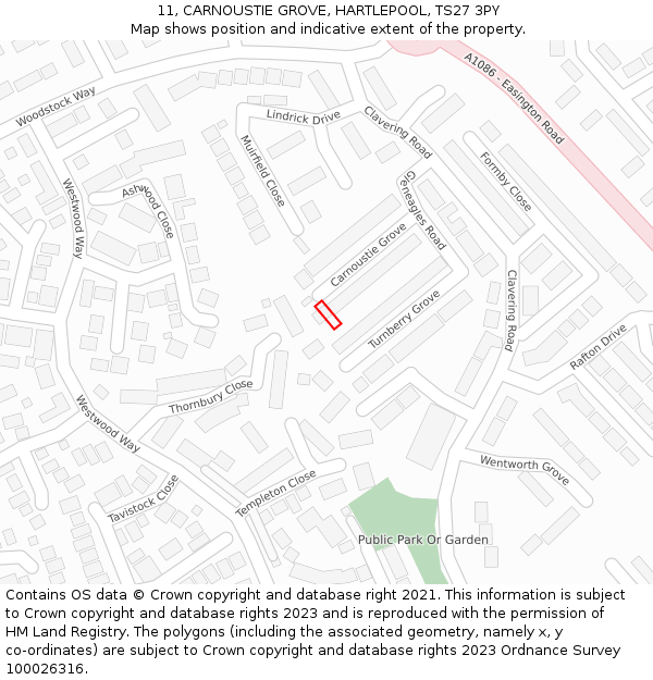 11, CARNOUSTIE GROVE, HARTLEPOOL, TS27 3PY: Location map and indicative extent of plot