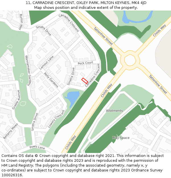 11, CARRADINE CRESCENT, OXLEY PARK, MILTON KEYNES, MK4 4JD: Location map and indicative extent of plot