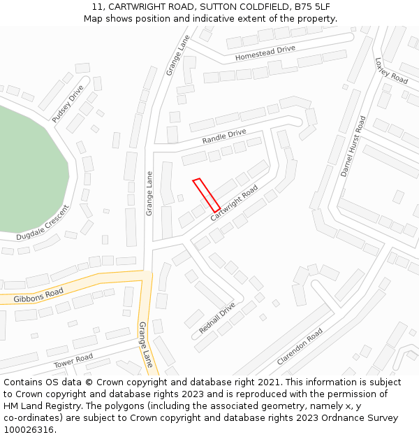 11, CARTWRIGHT ROAD, SUTTON COLDFIELD, B75 5LF: Location map and indicative extent of plot
