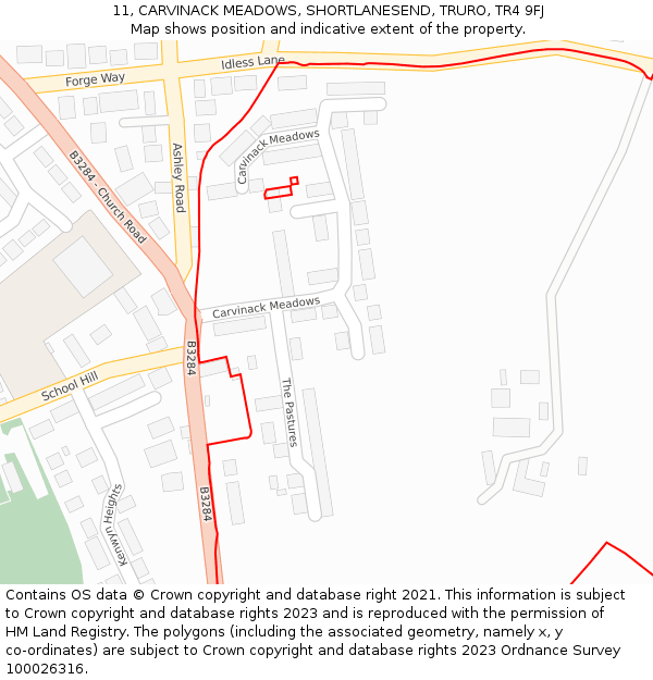 11, CARVINACK MEADOWS, SHORTLANESEND, TRURO, TR4 9FJ: Location map and indicative extent of plot