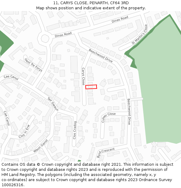 11, CARYS CLOSE, PENARTH, CF64 3RD: Location map and indicative extent of plot