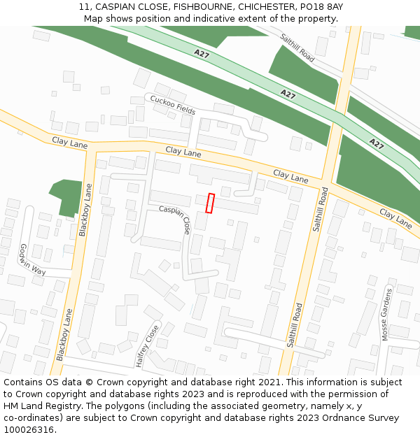 11, CASPIAN CLOSE, FISHBOURNE, CHICHESTER, PO18 8AY: Location map and indicative extent of plot