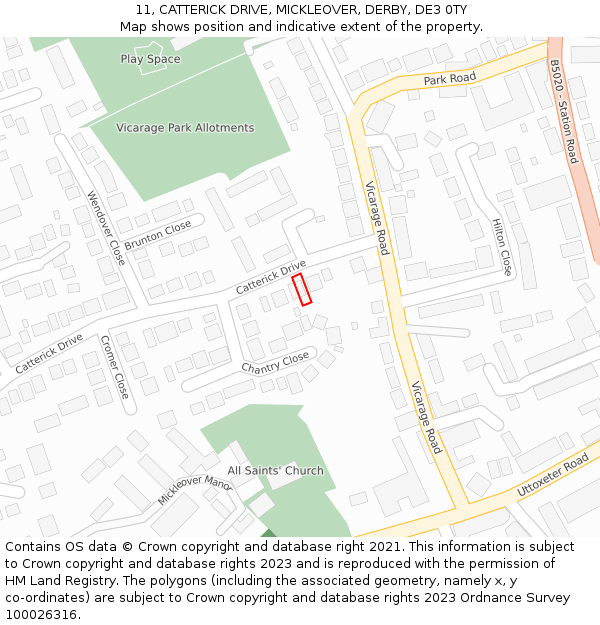 11, CATTERICK DRIVE, MICKLEOVER, DERBY, DE3 0TY: Location map and indicative extent of plot