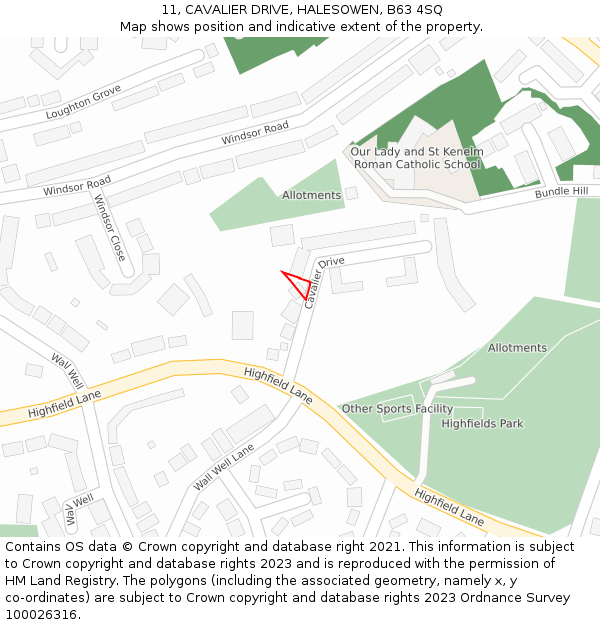 11, CAVALIER DRIVE, HALESOWEN, B63 4SQ: Location map and indicative extent of plot