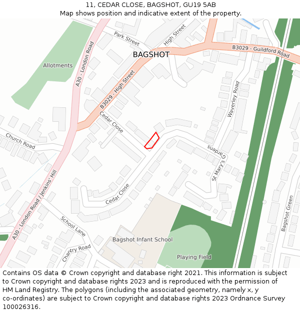 11, CEDAR CLOSE, BAGSHOT, GU19 5AB: Location map and indicative extent of plot