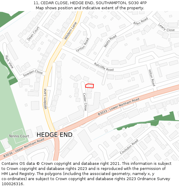 11, CEDAR CLOSE, HEDGE END, SOUTHAMPTON, SO30 4FP: Location map and indicative extent of plot