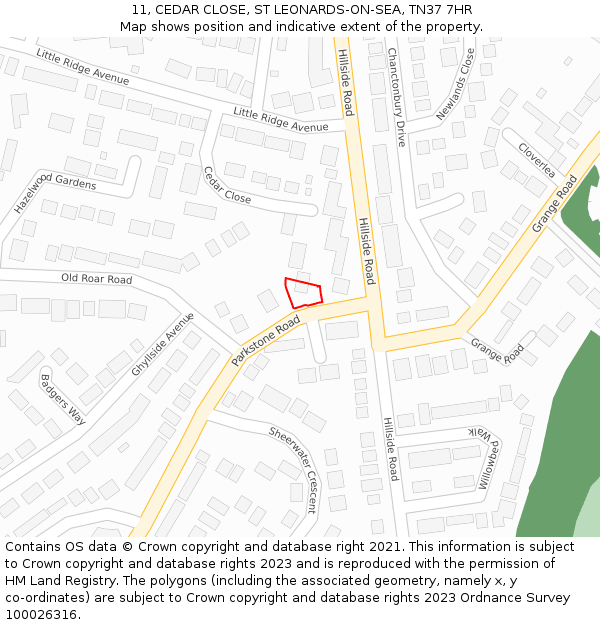 11, CEDAR CLOSE, ST LEONARDS-ON-SEA, TN37 7HR: Location map and indicative extent of plot