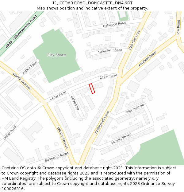 11, CEDAR ROAD, DONCASTER, DN4 9DT: Location map and indicative extent of plot