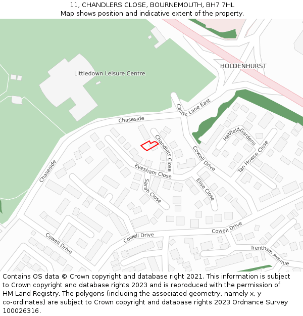 11, CHANDLERS CLOSE, BOURNEMOUTH, BH7 7HL: Location map and indicative extent of plot