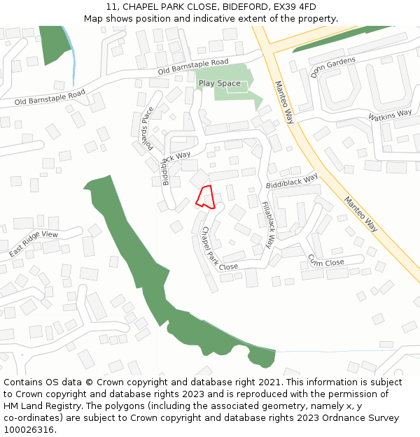 11, CHAPEL PARK CLOSE, BIDEFORD, EX39 4FD: Location map and indicative extent of plot