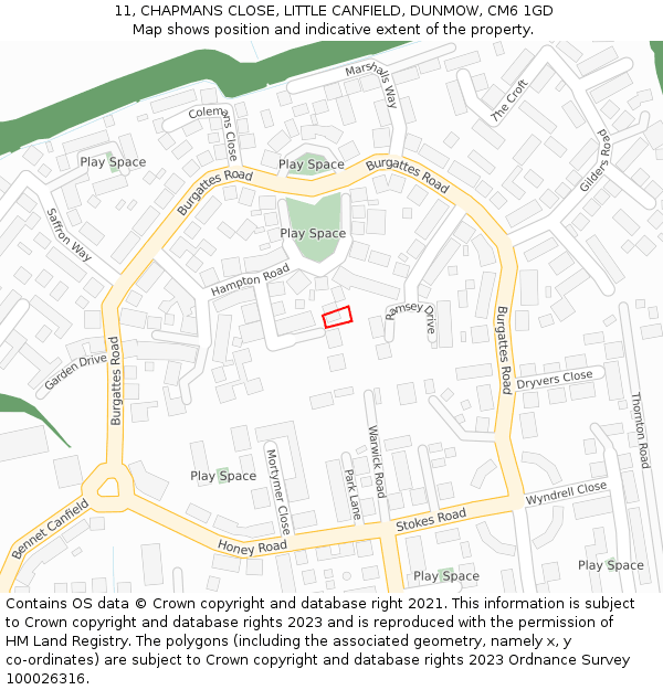 11, CHAPMANS CLOSE, LITTLE CANFIELD, DUNMOW, CM6 1GD: Location map and indicative extent of plot