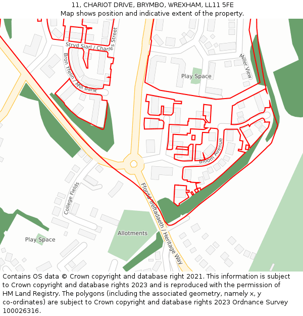 11, CHARIOT DRIVE, BRYMBO, WREXHAM, LL11 5FE: Location map and indicative extent of plot