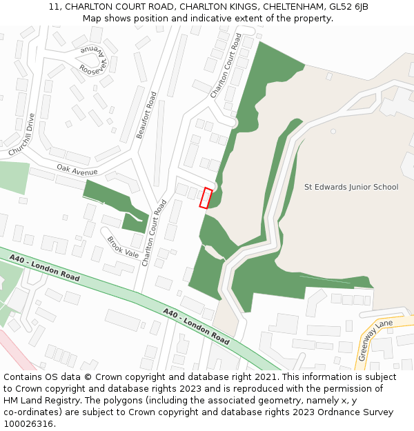 11, CHARLTON COURT ROAD, CHARLTON KINGS, CHELTENHAM, GL52 6JB: Location map and indicative extent of plot