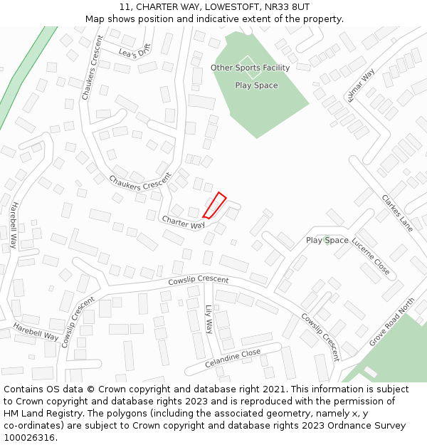 11, CHARTER WAY, LOWESTOFT, NR33 8UT: Location map and indicative extent of plot