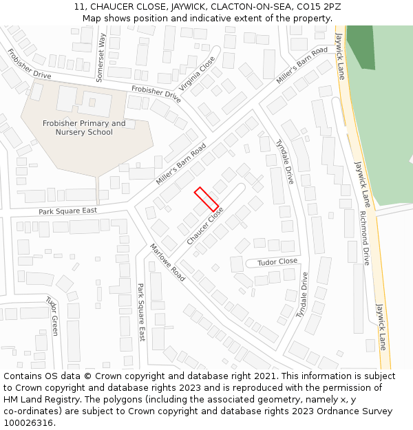 11, CHAUCER CLOSE, JAYWICK, CLACTON-ON-SEA, CO15 2PZ: Location map and indicative extent of plot