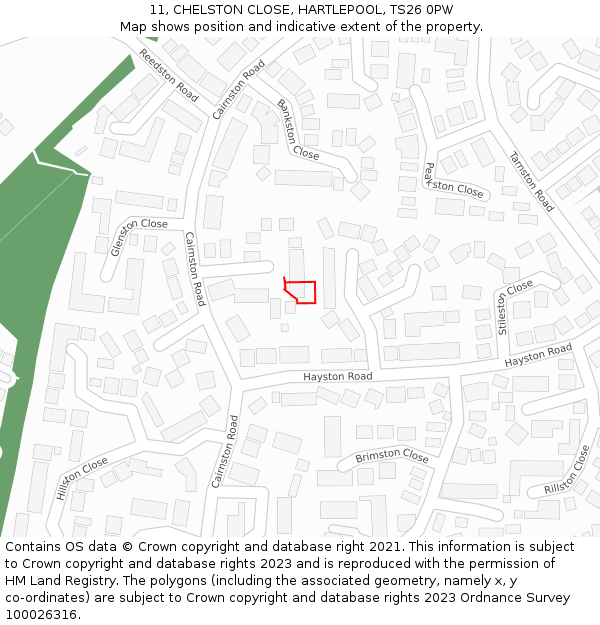11, CHELSTON CLOSE, HARTLEPOOL, TS26 0PW: Location map and indicative extent of plot