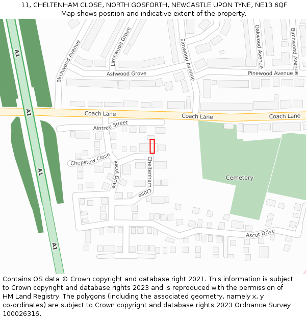 11, CHELTENHAM CLOSE, NORTH GOSFORTH, NEWCASTLE UPON TYNE, NE13 6QF: Location map and indicative extent of plot