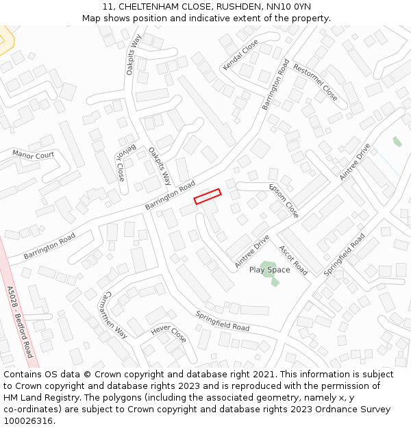 11, CHELTENHAM CLOSE, RUSHDEN, NN10 0YN: Location map and indicative extent of plot