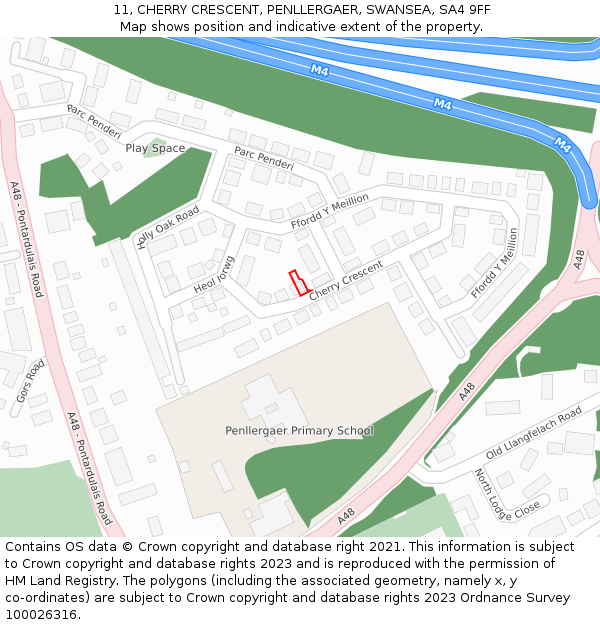 11, CHERRY CRESCENT, PENLLERGAER, SWANSEA, SA4 9FF: Location map and indicative extent of plot