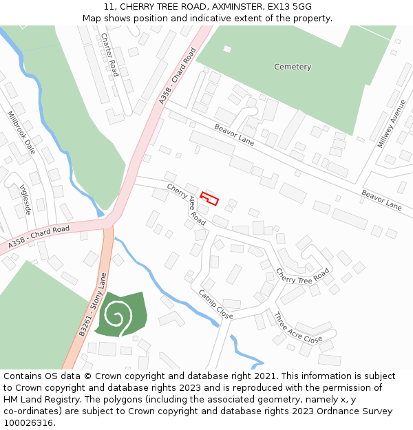 11, CHERRY TREE ROAD, AXMINSTER, EX13 5GG: Location map and indicative extent of plot