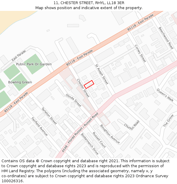 11, CHESTER STREET, RHYL, LL18 3ER: Location map and indicative extent of plot