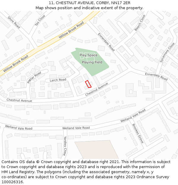 11, CHESTNUT AVENUE, CORBY, NN17 2ER: Location map and indicative extent of plot