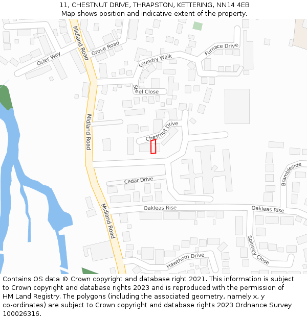 11, CHESTNUT DRIVE, THRAPSTON, KETTERING, NN14 4EB: Location map and indicative extent of plot