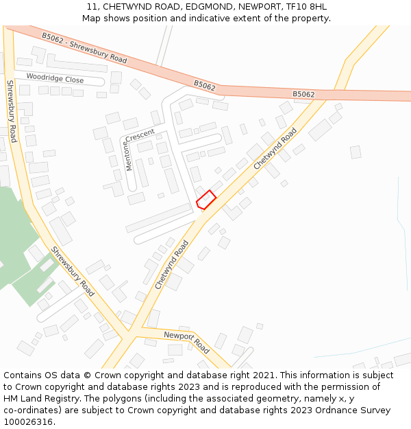 11, CHETWYND ROAD, EDGMOND, NEWPORT, TF10 8HL: Location map and indicative extent of plot