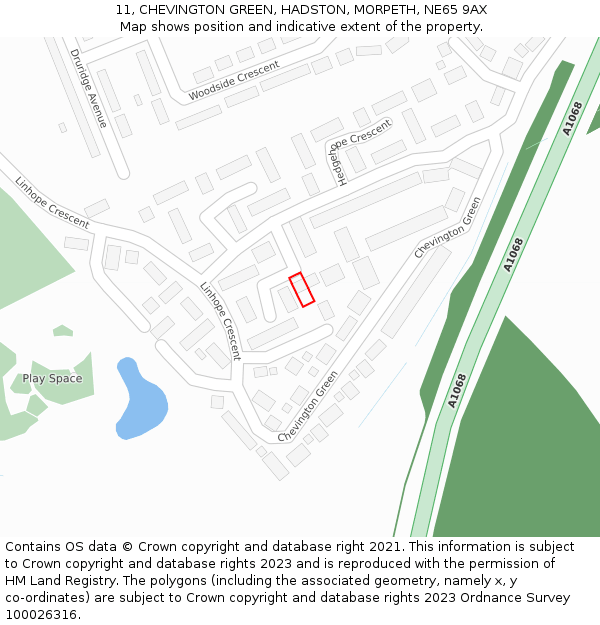 11, CHEVINGTON GREEN, HADSTON, MORPETH, NE65 9AX: Location map and indicative extent of plot