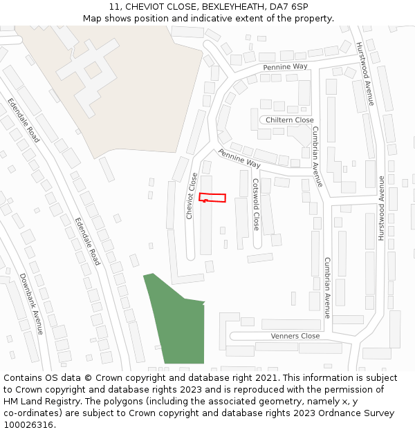 11, CHEVIOT CLOSE, BEXLEYHEATH, DA7 6SP: Location map and indicative extent of plot