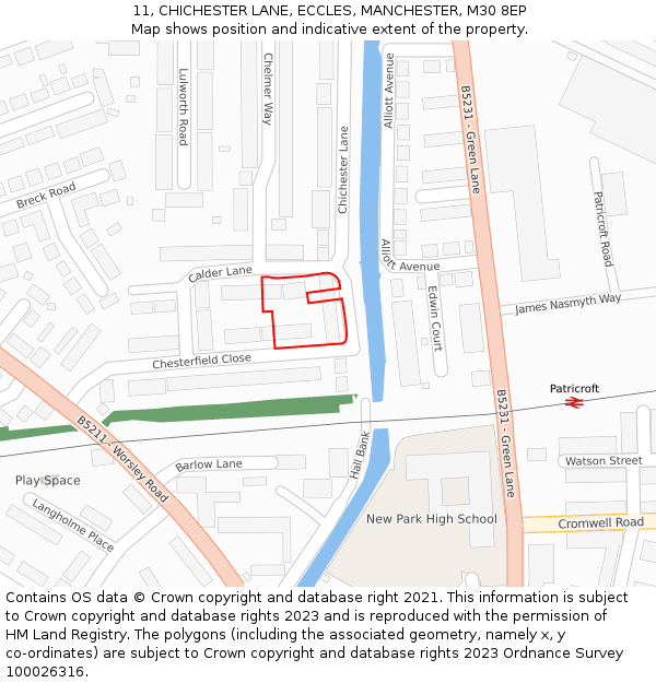 11, CHICHESTER LANE, ECCLES, MANCHESTER, M30 8EP: Location map and indicative extent of plot