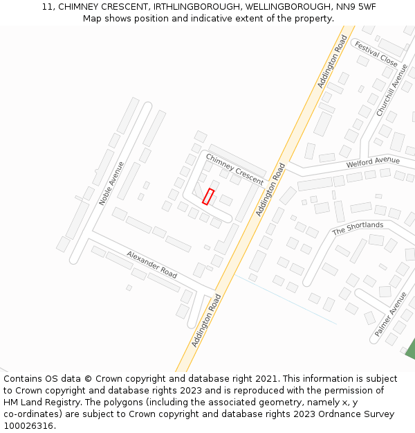 11, CHIMNEY CRESCENT, IRTHLINGBOROUGH, WELLINGBOROUGH, NN9 5WF: Location map and indicative extent of plot