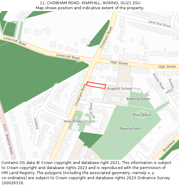 11, CHOBHAM ROAD, KNAPHILL, WOKING, GU21 2SU: Location map and indicative extent of plot