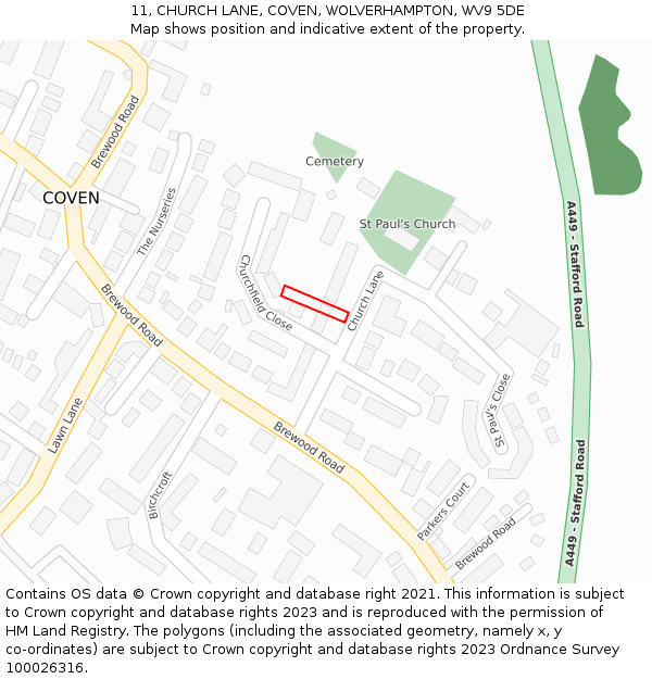 11, CHURCH LANE, COVEN, WOLVERHAMPTON, WV9 5DE: Location map and indicative extent of plot