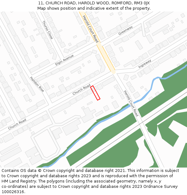 11, CHURCH ROAD, HAROLD WOOD, ROMFORD, RM3 0JX: Location map and indicative extent of plot