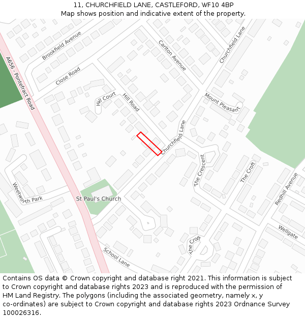 11, CHURCHFIELD LANE, CASTLEFORD, WF10 4BP: Location map and indicative extent of plot