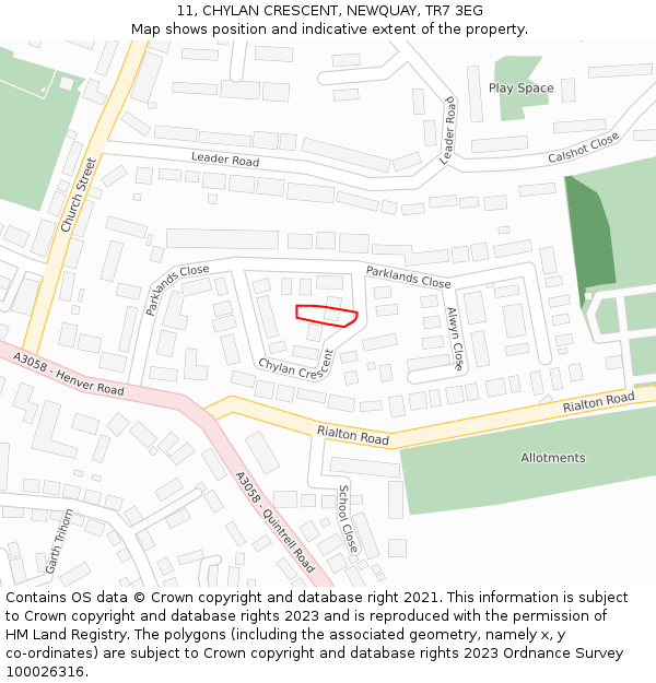 11, CHYLAN CRESCENT, NEWQUAY, TR7 3EG: Location map and indicative extent of plot