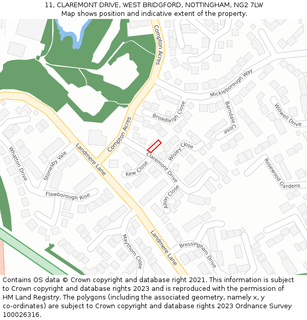 11, CLAREMONT DRIVE, WEST BRIDGFORD, NOTTINGHAM, NG2 7LW: Location map and indicative extent of plot