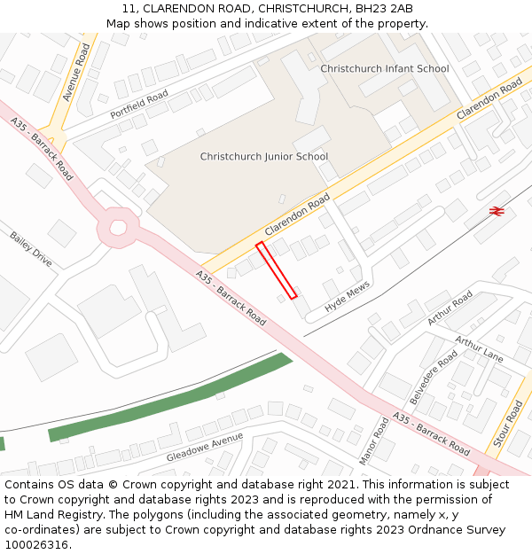 11, CLARENDON ROAD, CHRISTCHURCH, BH23 2AB: Location map and indicative extent of plot