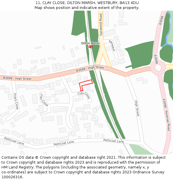 11, CLAY CLOSE, DILTON MARSH, WESTBURY, BA13 4DU: Location map and indicative extent of plot