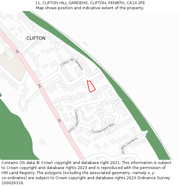 11, CLIFTON HILL GARDENS, CLIFTON, PENRITH, CA10 2FE: Location map and indicative extent of plot