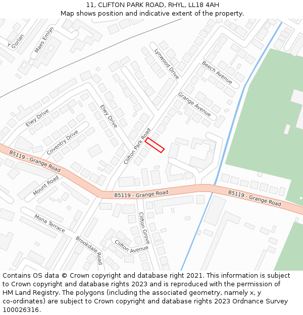 11, CLIFTON PARK ROAD, RHYL, LL18 4AH: Location map and indicative extent of plot