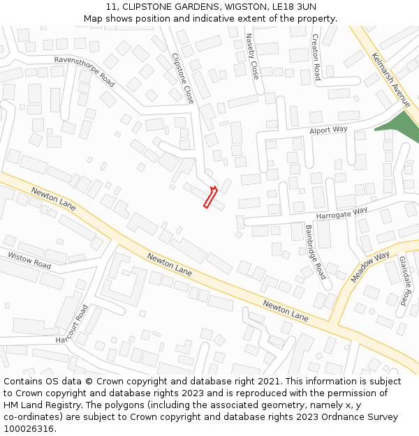 11, CLIPSTONE GARDENS, WIGSTON, LE18 3UN: Location map and indicative extent of plot