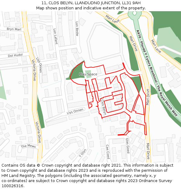 11, CLOS BELYN, LLANDUDNO JUNCTION, LL31 9AH: Location map and indicative extent of plot