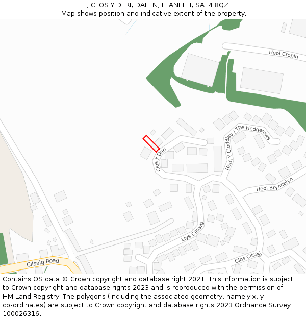 11, CLOS Y DERI, DAFEN, LLANELLI, SA14 8QZ: Location map and indicative extent of plot