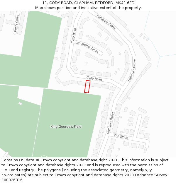 11, CODY ROAD, CLAPHAM, BEDFORD, MK41 6ED: Location map and indicative extent of plot